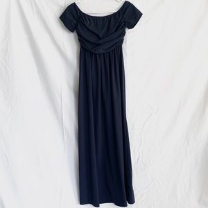 Elegant Navy Blue Full Length Off Shoulder Dress